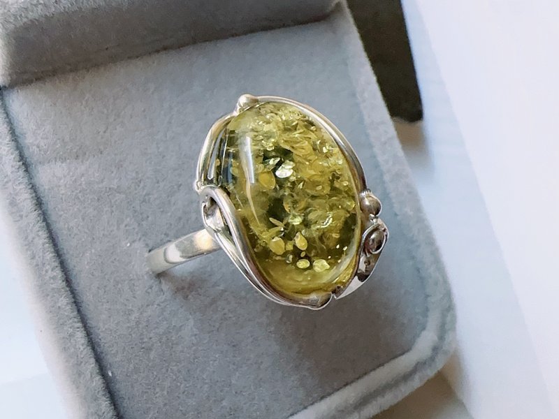 天然琥珀 绿珀 爆花 纯银戒指 波罗的海 珀花 闪耀大气 - 戒指 - 纯银 