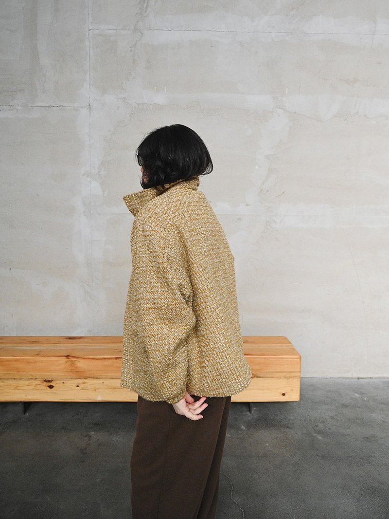 福人俱乐部 男女同款暖蜂蜜黄毛圈雪花粗花呢立领休闲夹克外套 - 女装休闲/机能外套 - 羊毛 金色