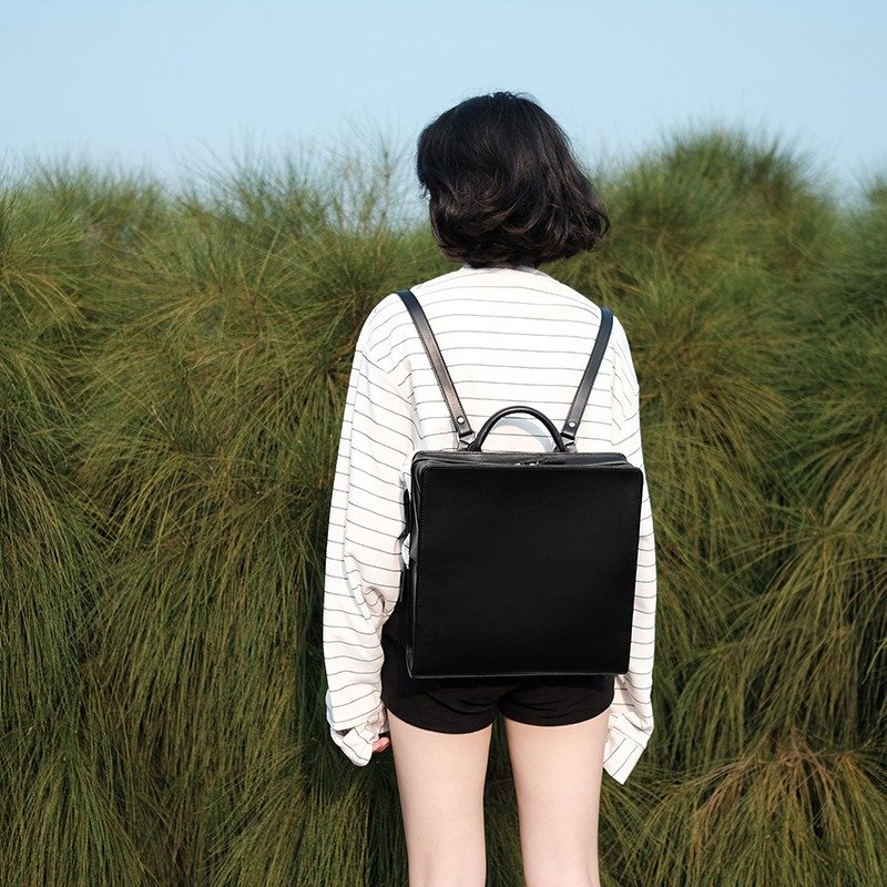 TREBLE Z 2017新款SQUARE 2.0系列原创设计真皮方形双肩包 黑色 - 后背包/双肩包 - 真皮 黑色