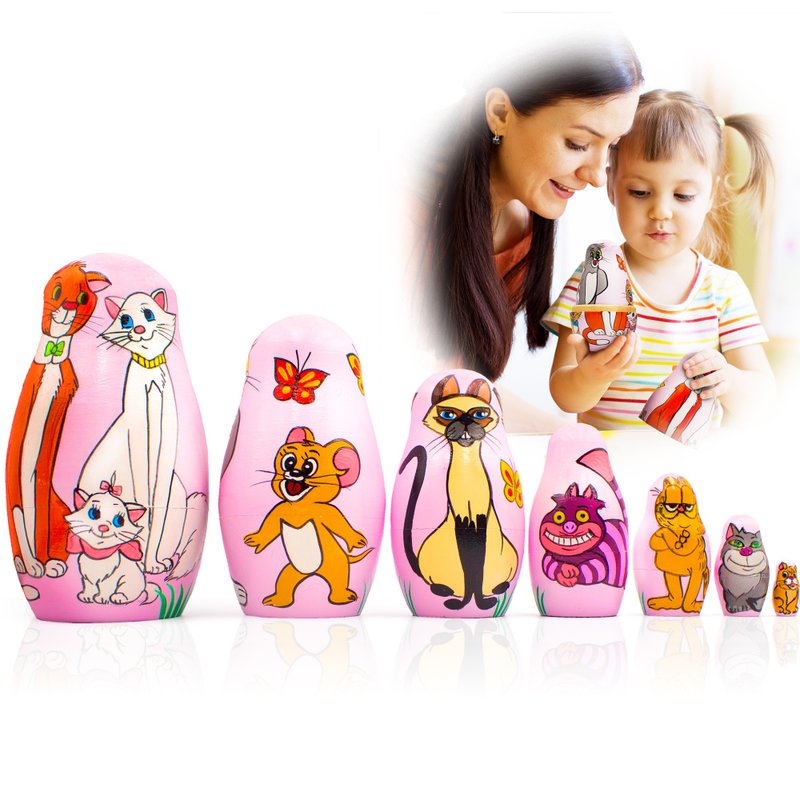 Matryoshkas Russian Nesting Dolls Cats from Cartoons Set 7 pcs Wooden Toy - 玩具/玩偶 - 木头 
