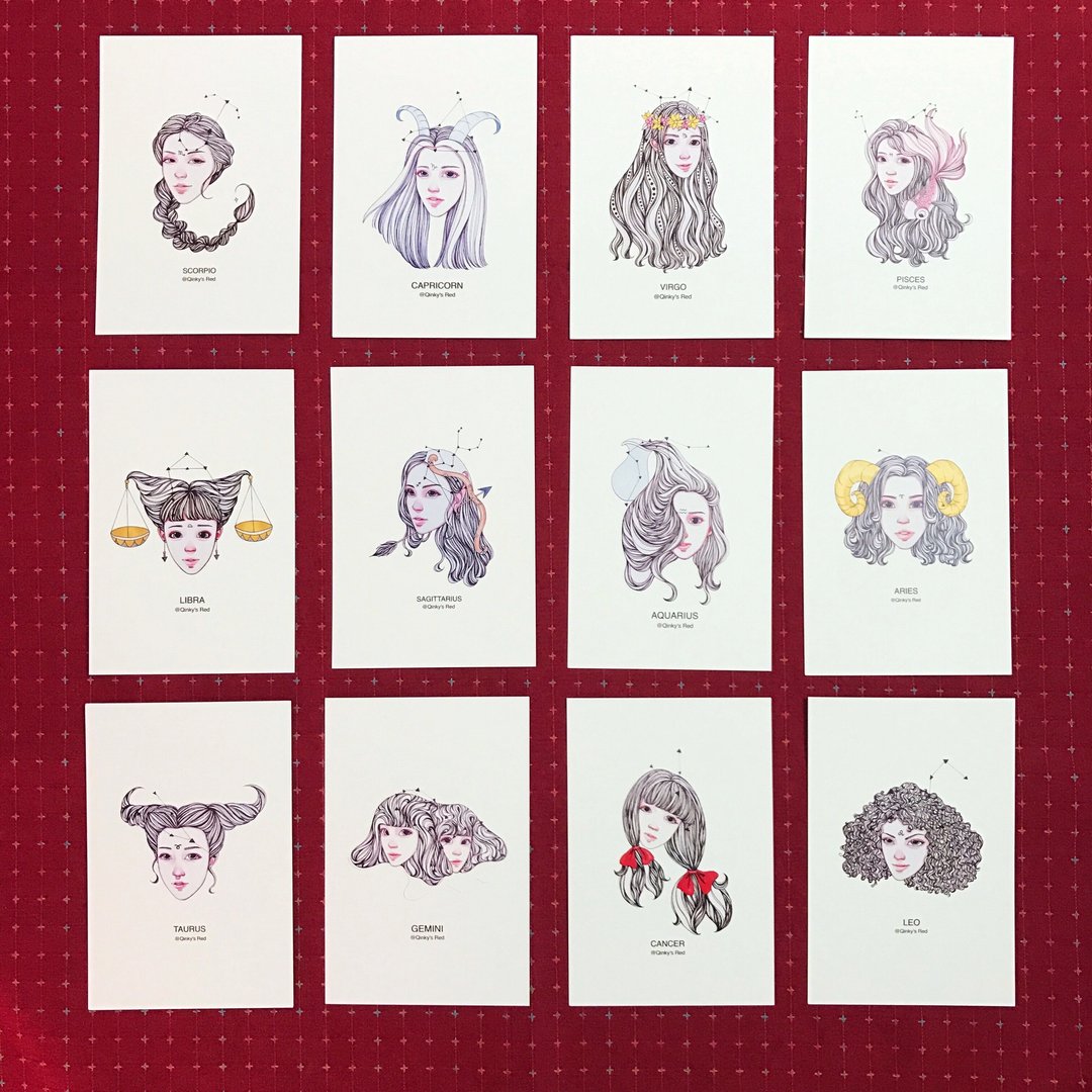 明信片 12星座 Qinky's Red/原創設計/星座/卡片 - 卡片/明信片 - 纸 