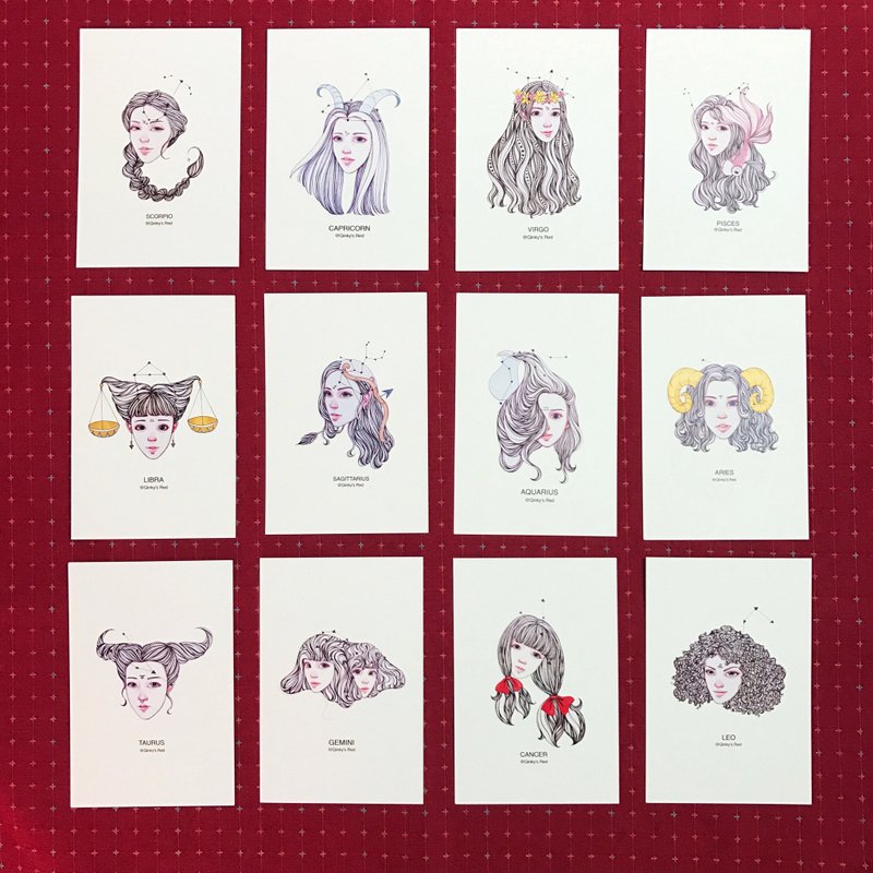 明信片 12星座 Qinky's Red/原創設計/星座/卡片 - 卡片/明信片 - 纸 