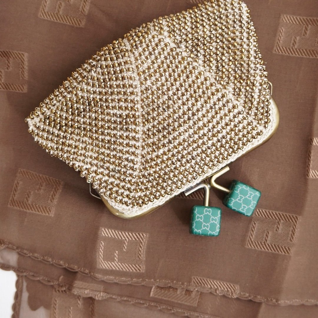 Ba-ba handmade Beads crochet square pouch No.1611 - 化妆包/杂物包 - 其他材质 金色