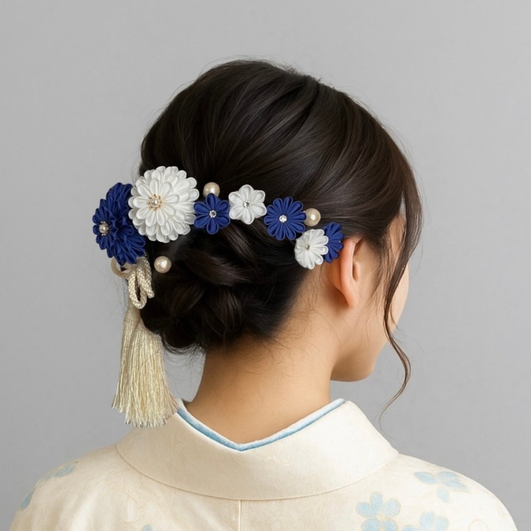 海军蓝与白色绢布花发饰套装 – 高雅日式簪子 - 发饰 - 丝．绢 蓝色
