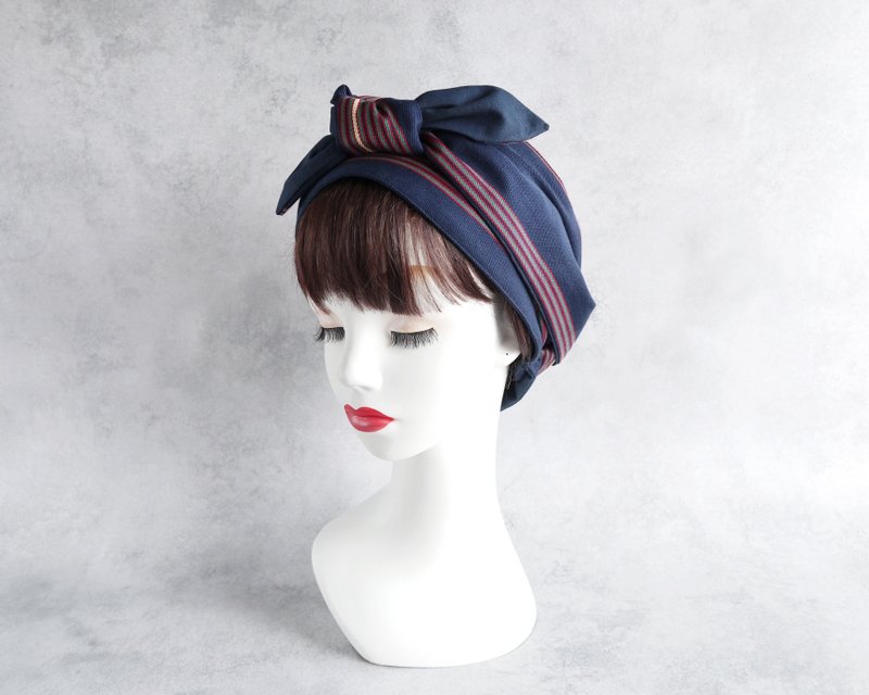 含运日本制 丝巾款 (经典条纹图案) 与午夜蓝 - 发饰 - 棉．麻 蓝色