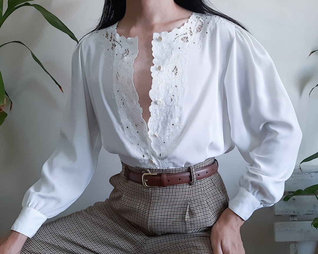复古白色刺绣镂空衬衫 爱德华时代风格 泡泡袖圆领 - 女装上衣 - 聚酯纤维 白色