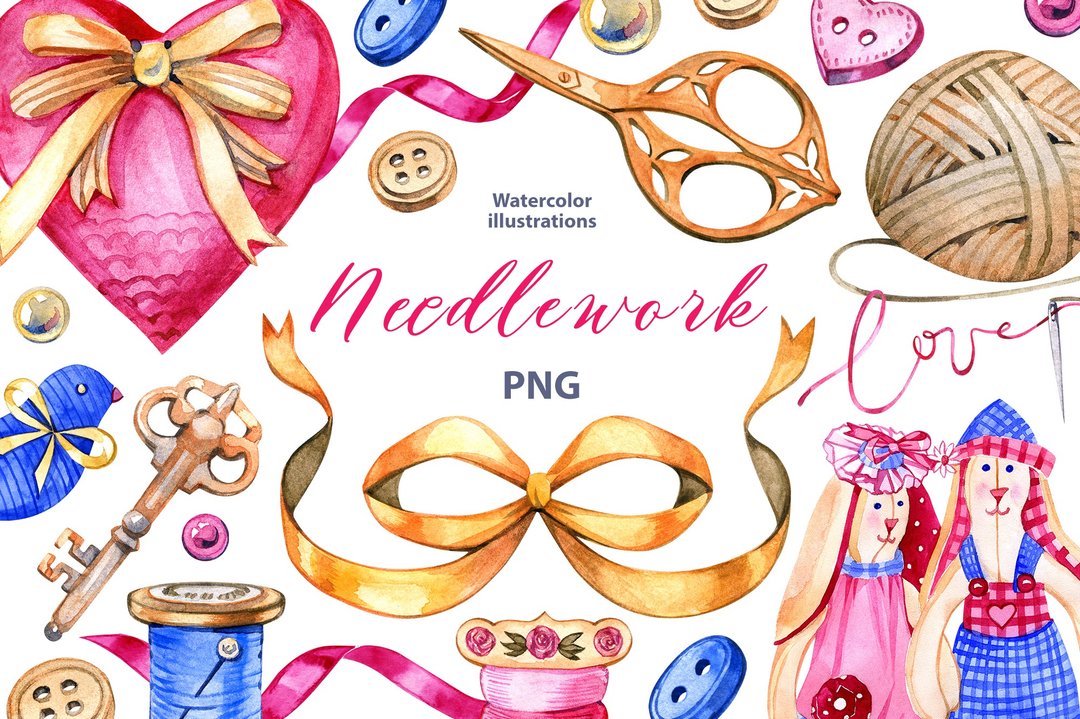 Watercolor needlework clipart set, 26 Png, Cottagecore Sewing Clipart - 电子手绘真人画像/绘画/插画 - 其他材质 