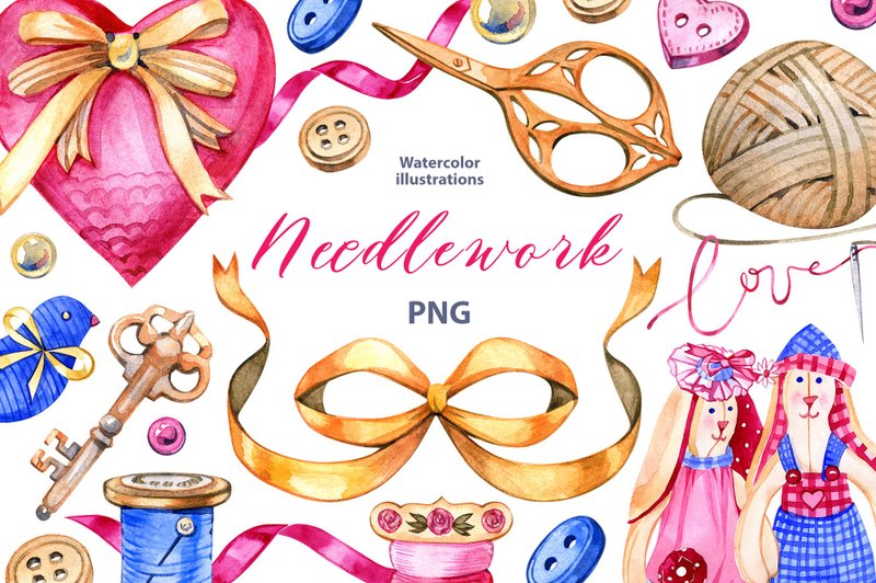 Watercolor needlework clipart set, 26 Png, Cottagecore Sewing Clipart - 电子手绘真人画像/绘画/插画 - 其他材质 