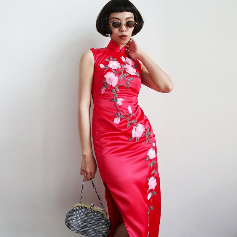 南瓜Vintage。古董绣珠立体花朵旗袍 - 洋装/连衣裙 - 聚酯纤维 红色