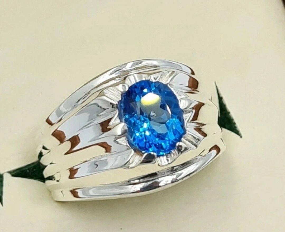 蓝色拓帕石 浓郁蓝色 超净透 顶级纯净 925纯银 手工戒指 - 戒指 - 宝石 蓝色