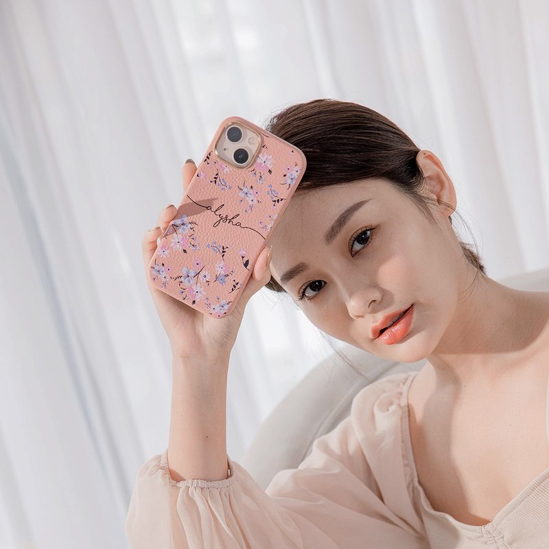 紫粉碎花 蜜荔壳 蜜荔粉天然皮革壳 - iPhone定制化手机壳 - 手机壳/手机套 - 真皮 粉红色