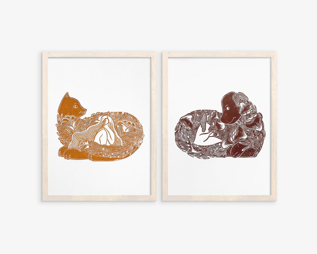 画廊墙套装 2 件 Linocut 印花赤土棕植物猫和狗艺术 - 海报/装饰画/版画 - 纸 橘色