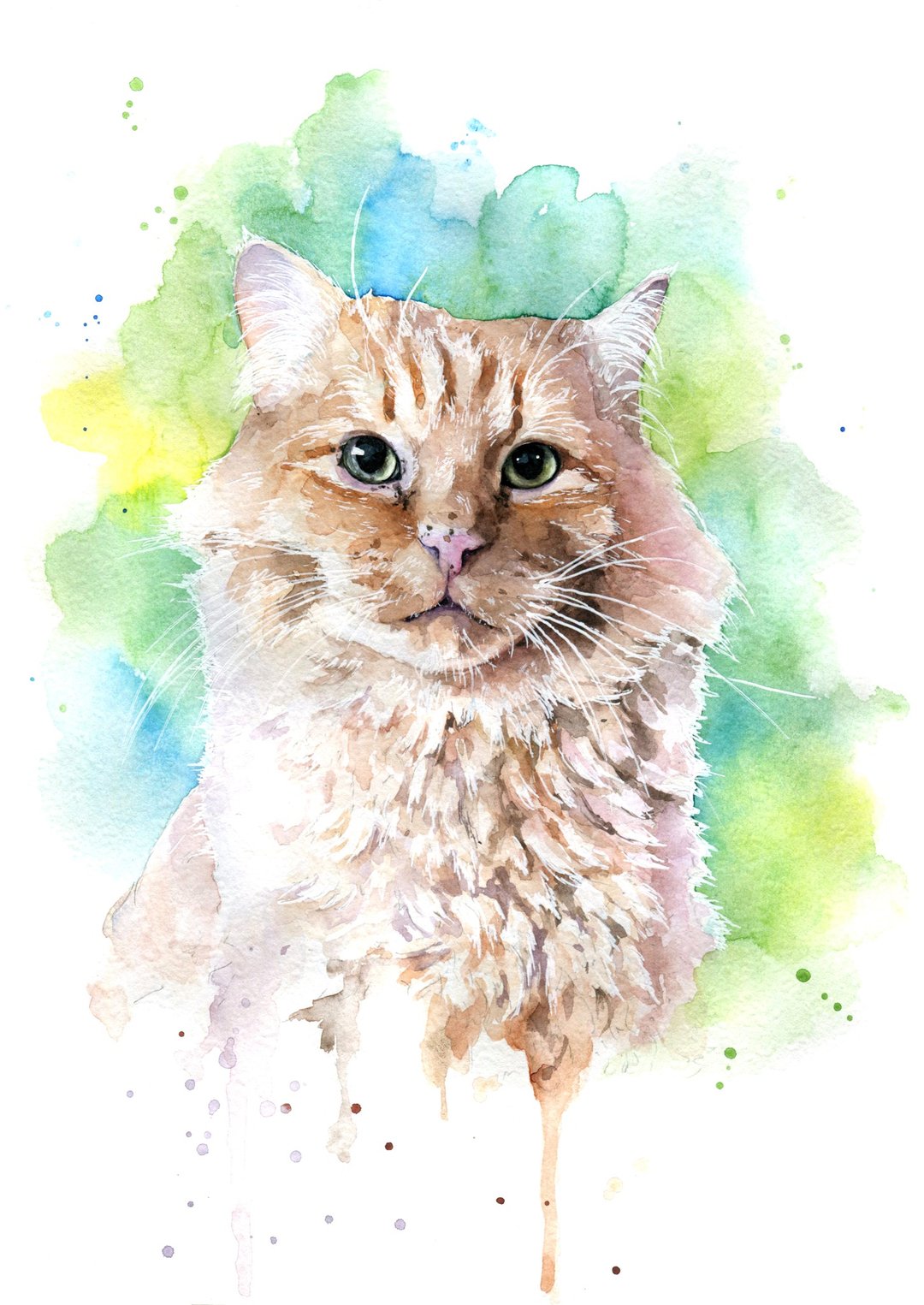 Custom Watercolor Cat Portrait - 订制画像 - 纸 绿色