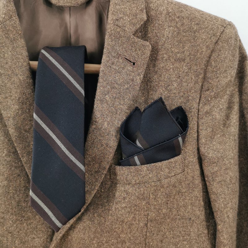 Necktie Black - Coffee Brown stripe Set with Pocket Square (navy stripe) - 领带/领带夹 - 棉．麻 黑色