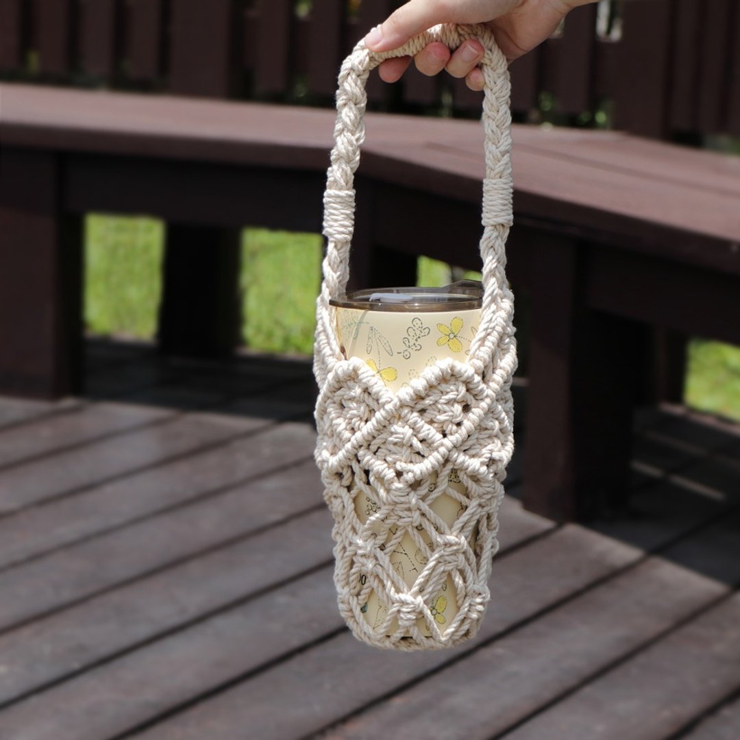 巴黎风格丨Macrame 手工编织 饮料提袋 编织袋 环保杯袋 - 随行杯提袋/水壶袋 - 棉 