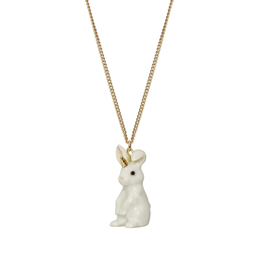AndMary手绘瓷项链-白色独角兽兔 White Unicorn Bunny Necklace - 项链 - 瓷 白色