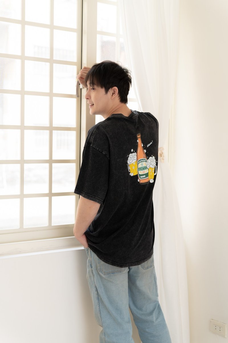 泡泡羊啤酒-中性水洗oversize T-shirt(水洗黑) - 男装上衣/T 恤 - 棉．麻 黑色