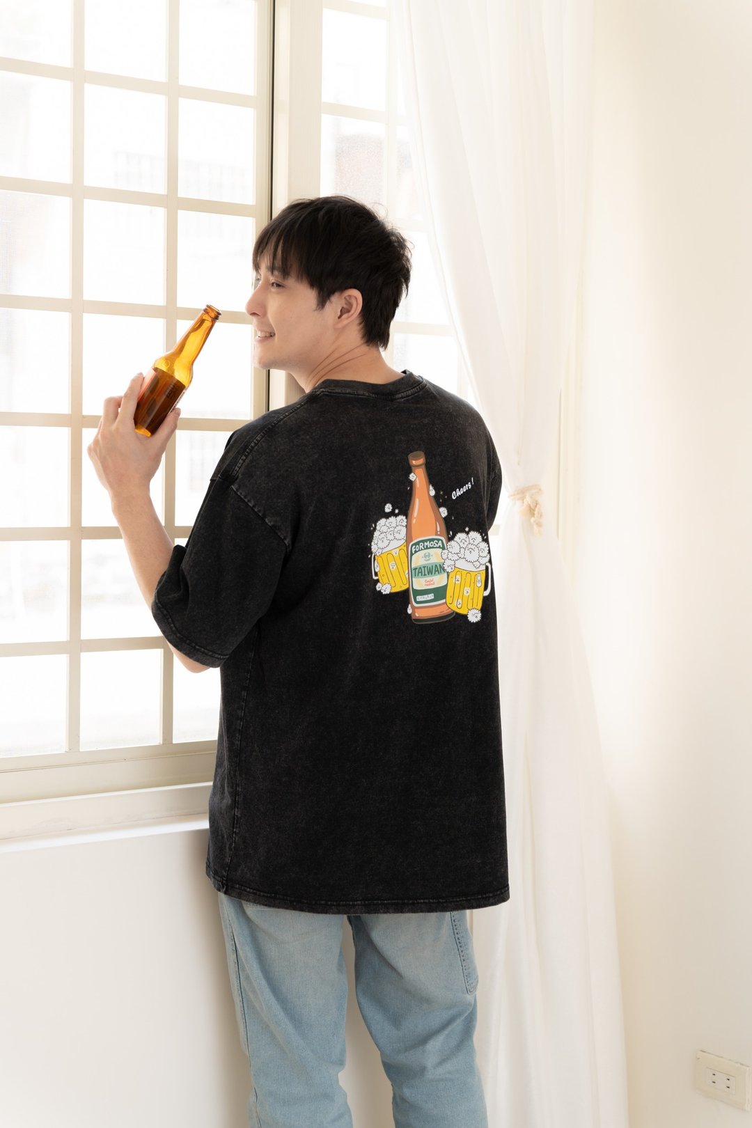 泡泡羊啤酒 - 中性水洗 oversize T-shirt(水洗黑) - 男装上衣/T 恤 - 棉 黑色