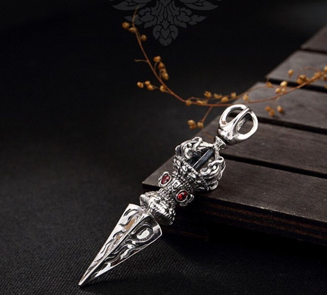 Real 925 Sterling Silver Handmade Buddhism Vajra Pendant without Necklace Men - 长链 - 纯银 银色