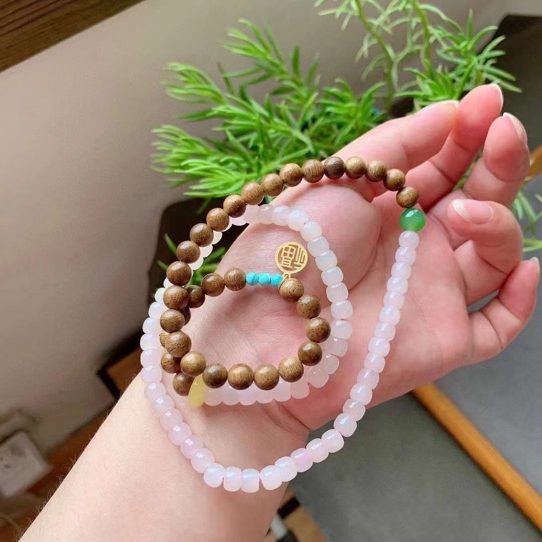印度 天然老山檀珠 和田玉藕粉玉 绿松蜜蜡设计多圈手串衣襟挂sm - 手链/手环 - 木头 咖啡色