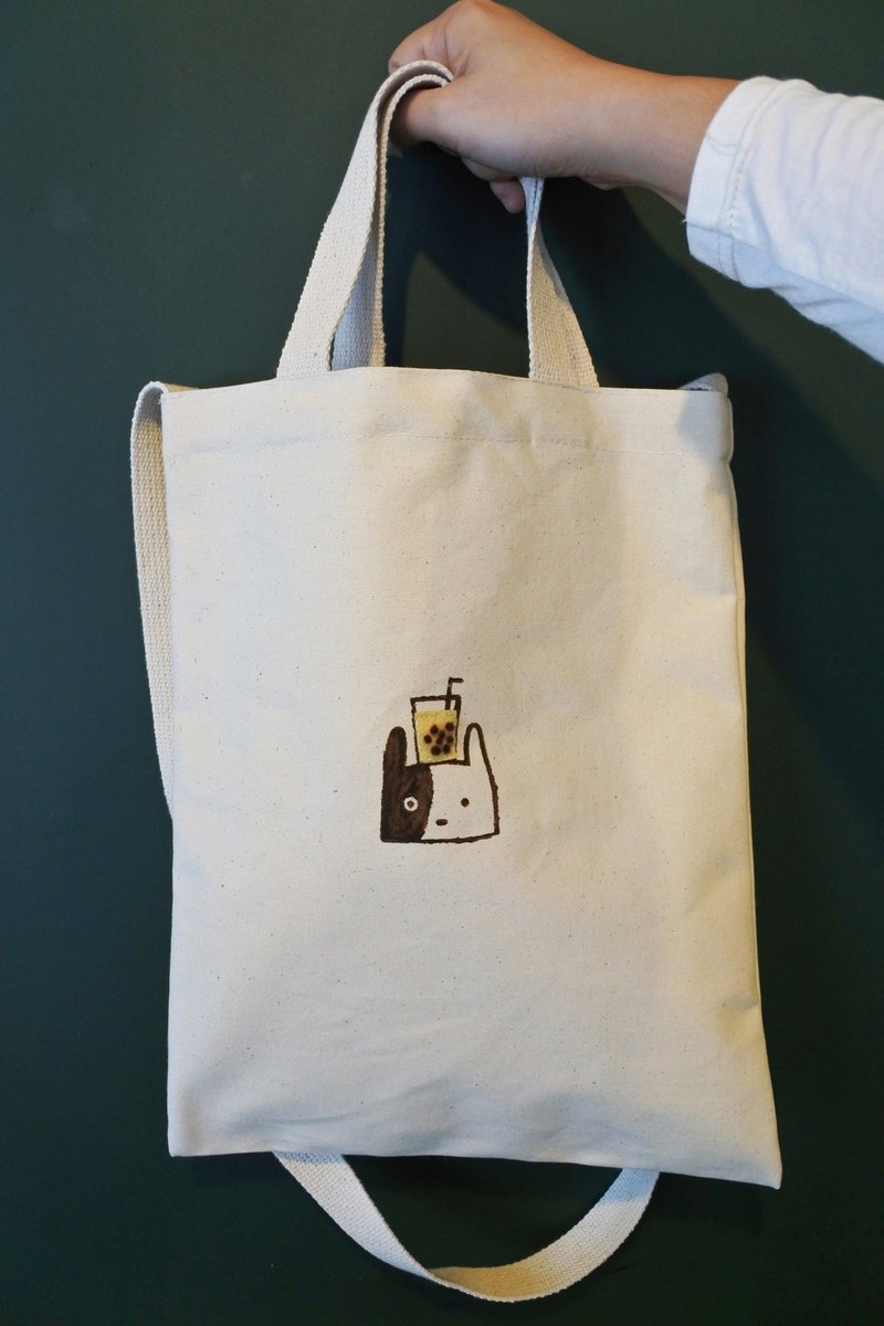 珍珠奶茶的狗 帆布袋 手工绢印/羊毛毡珍奶 斜背/侧背/手提 - 侧背包/斜挎包 - 棉．麻 咖啡色