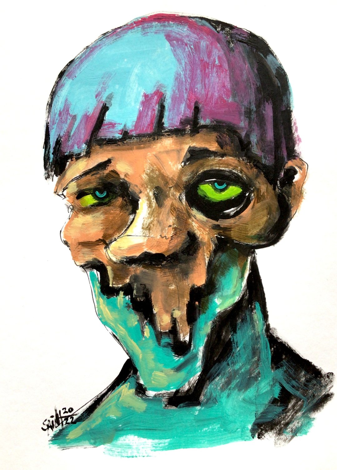 Abstract zombie portrait painting original art, Mutant Horror. Acrylic, paper - 海报/装饰画/版画 - 纸 多色