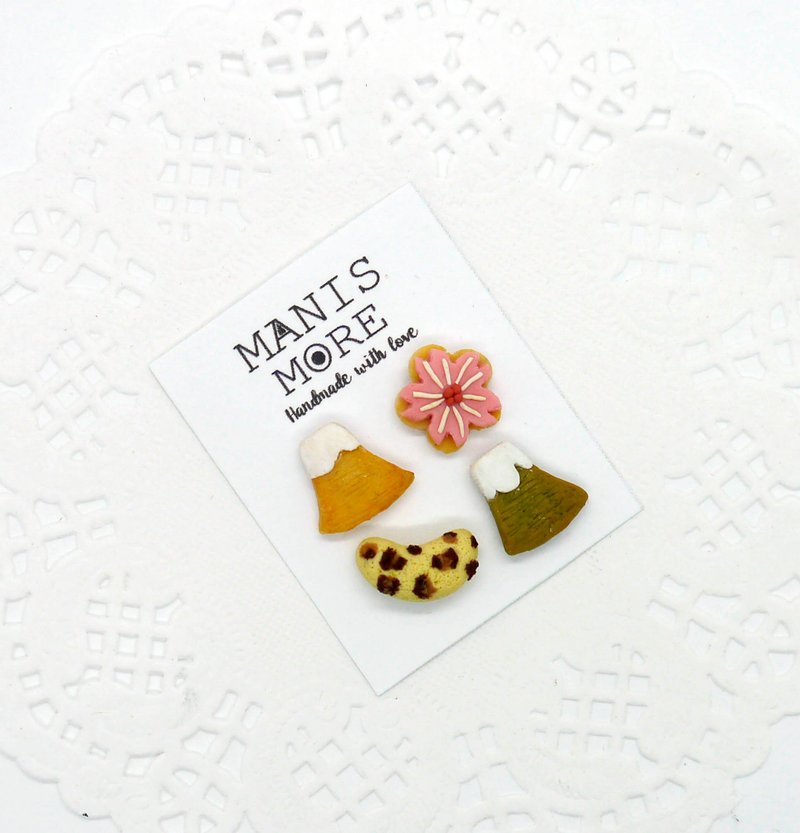 耳环4件组－富士山 抹茶饼干 香蕉蛋糕  可改夹式耳环 - 耳环/耳夹 - 粘土 