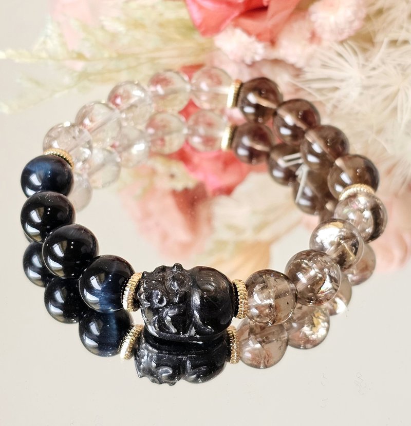 肖夜-男款/金运石貔貅/蓝虎眼/茶晶/金银发晶/好运/避邪/招财/丰 - 手链/手环 - 水晶 黑色