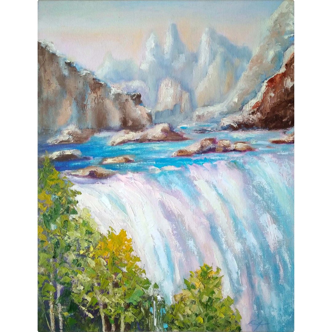 Mountain Landscape Original Painting, Waterfall Wall Art, River Art, 手工油畫, 油畫原作 - 海报/装饰画/版画 - 其他材质 多色