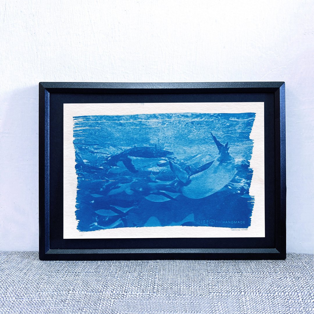 手作 企鹅 蓝晒画 连框 自家设计 日本和纸 香港制 - 海报/装饰画/版画 - 纸 蓝色