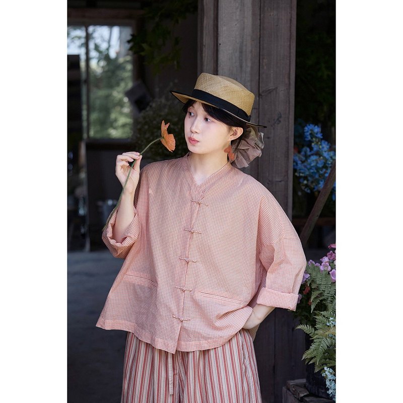 橘红格中式绵柔宽松V领小衬衫 - 女装衬衫 - 棉．麻 