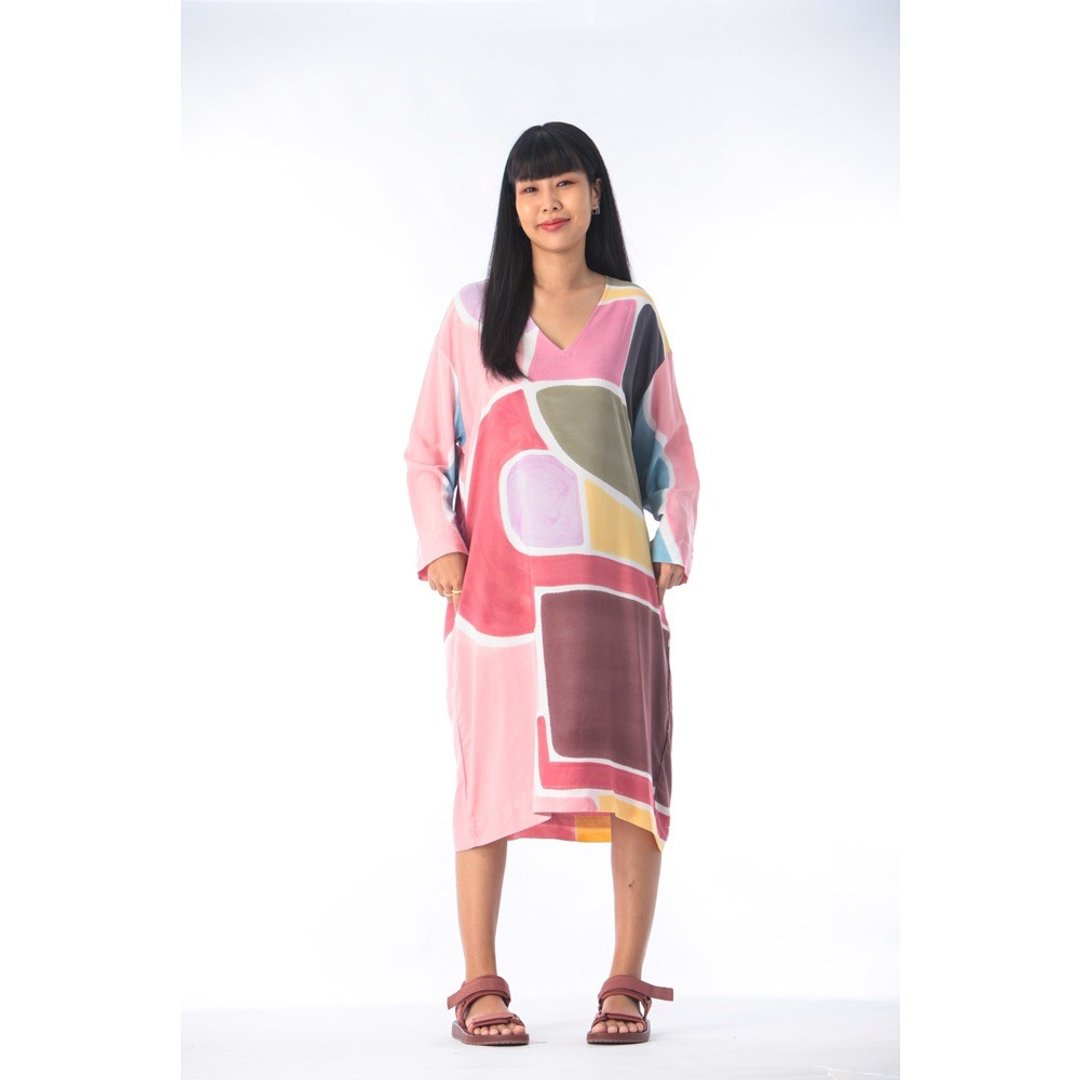 Short Dress Free Size Cotton Rayon Hand Paint - 洋装/连衣裙 - 棉 粉红色