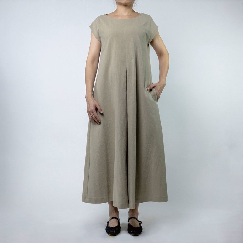 圆领打折洋装  天然棉麻 | 灰绿 - 洋装/连衣裙 - 棉．麻 
