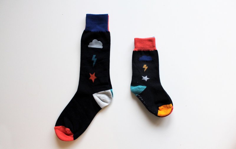闪电 星星 云  COMME MOI 亲子袜系列 _ 一双大脚袜+一双小脚5 - 童装鞋 - 棉．麻 黑色