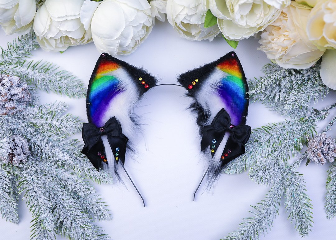 Rainbow Cheshire Cat Ears Faux Fur Cat Ears Headband - 发饰 - 其他人造纤维 多色