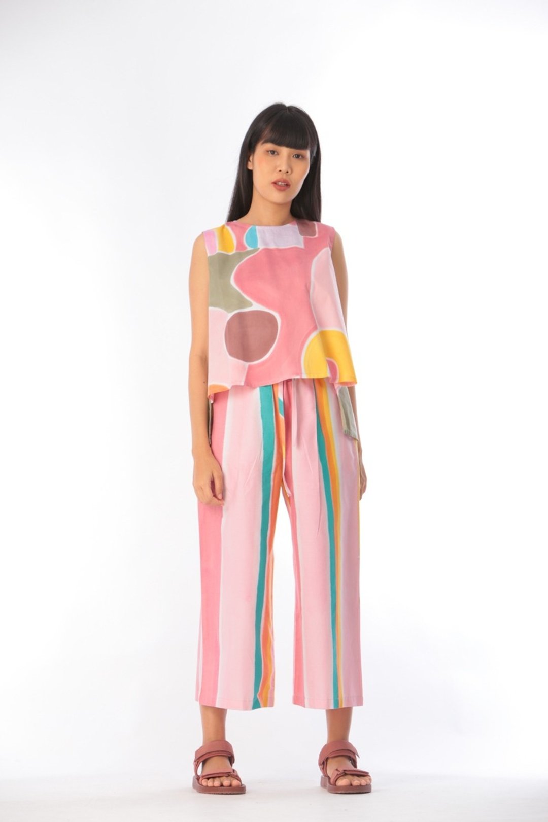 Tank Top and Long Pants Cotton Hand Paint Free Size - 女装上衣 - 棉 粉红色