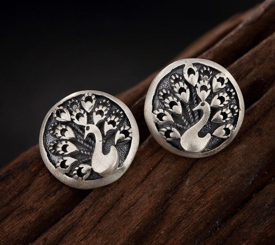 Real 990 Fine Silver Handmade Peacock Women Round Stud Earrings Ethnic Vintage - 耳环/耳夹 - 纯银 银色