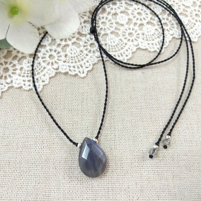 BUHO手作。水滴。蓝光拉长石X南美巴西蜡线项链 - 锁骨链 - 水晶 蓝色