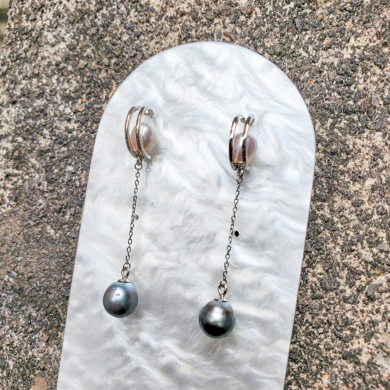 。高雅瑰丽。天然大溪地海水珍珠。淡水珍珠。925纯银垂坠耳环。 - 耳环/耳夹 - 珍珠 绿色