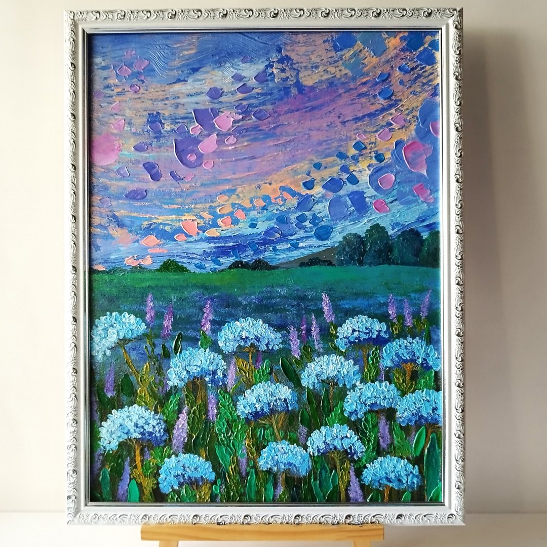 原始蓝色风景画与野花 - 纹理压克力艺术 - 墙贴/壁贴 - 压克力 蓝色