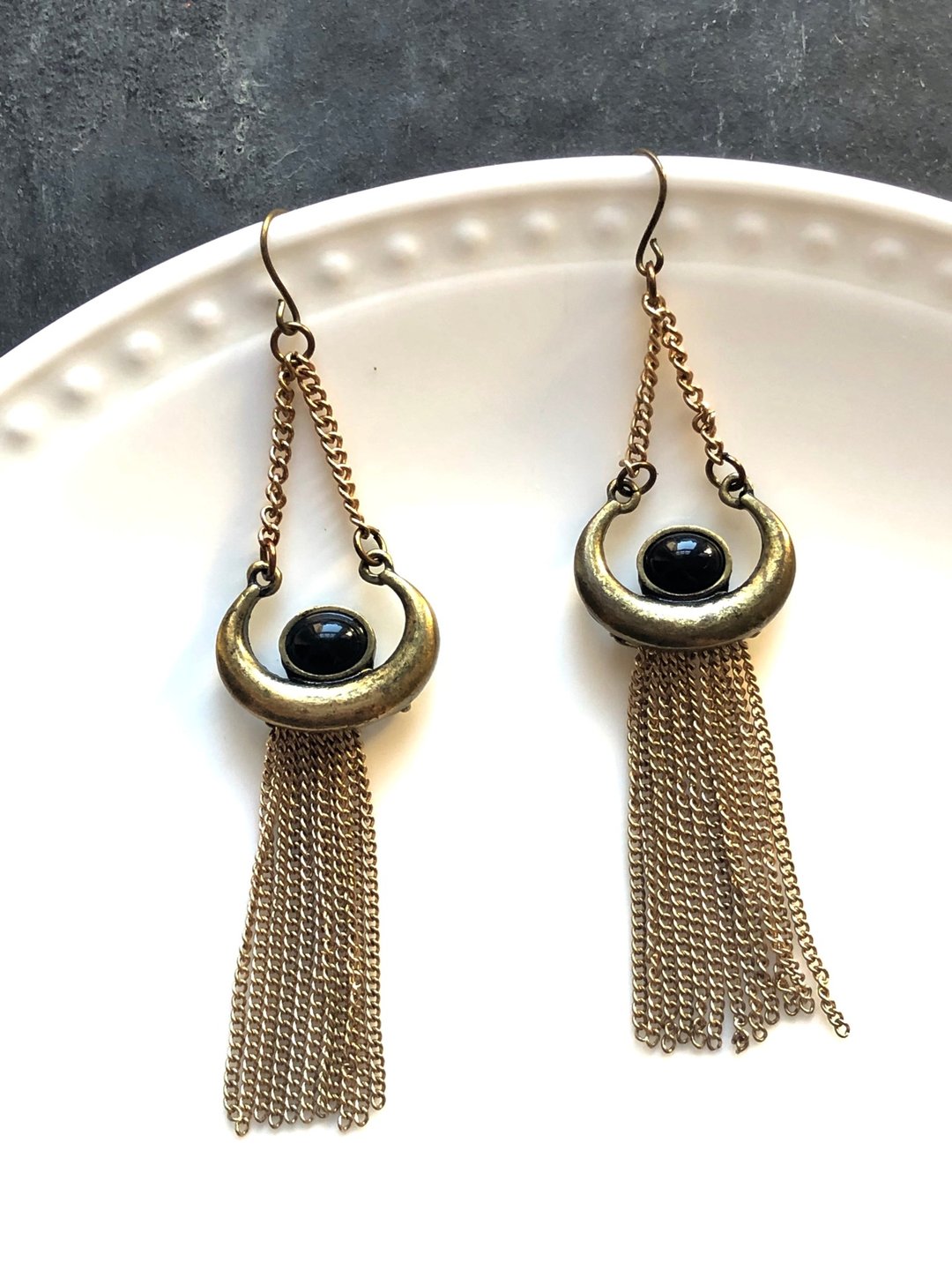 Vintage Marble Embed Antique Brass Tassels Drop Earrings - 耳环/耳夹 - 铜/黄铜 金色