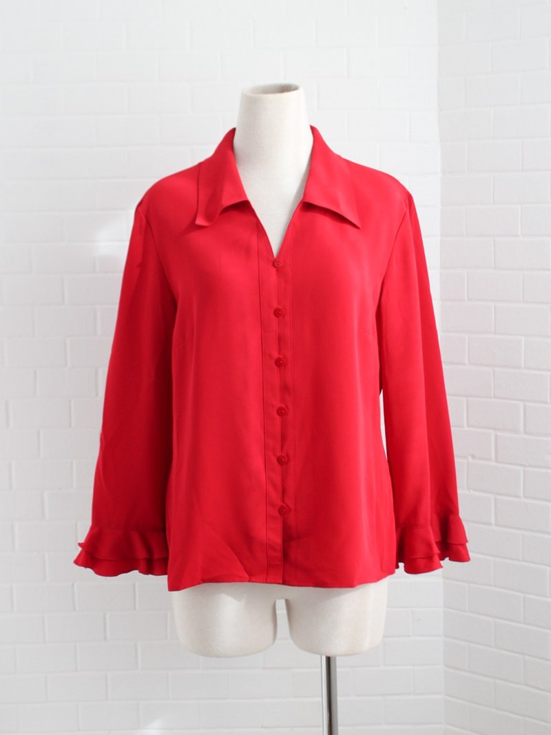 复古欧洲清新简约早春宽松红色个性长袖古着衬衫 - 女装衬衫 - 聚酯纤维 红色