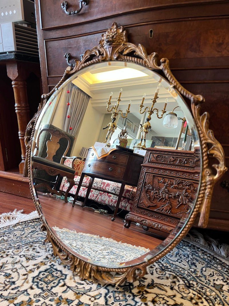 英国古董洛可可风格金色雕花圆镜 - 摆饰 - 木头 咖啡色