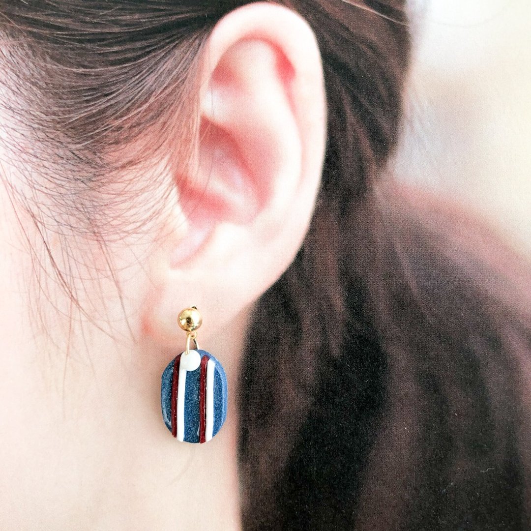 Clay/dusty blue x border oval earrings/ Clip-On - 耳环/耳夹 - 粘土 蓝色