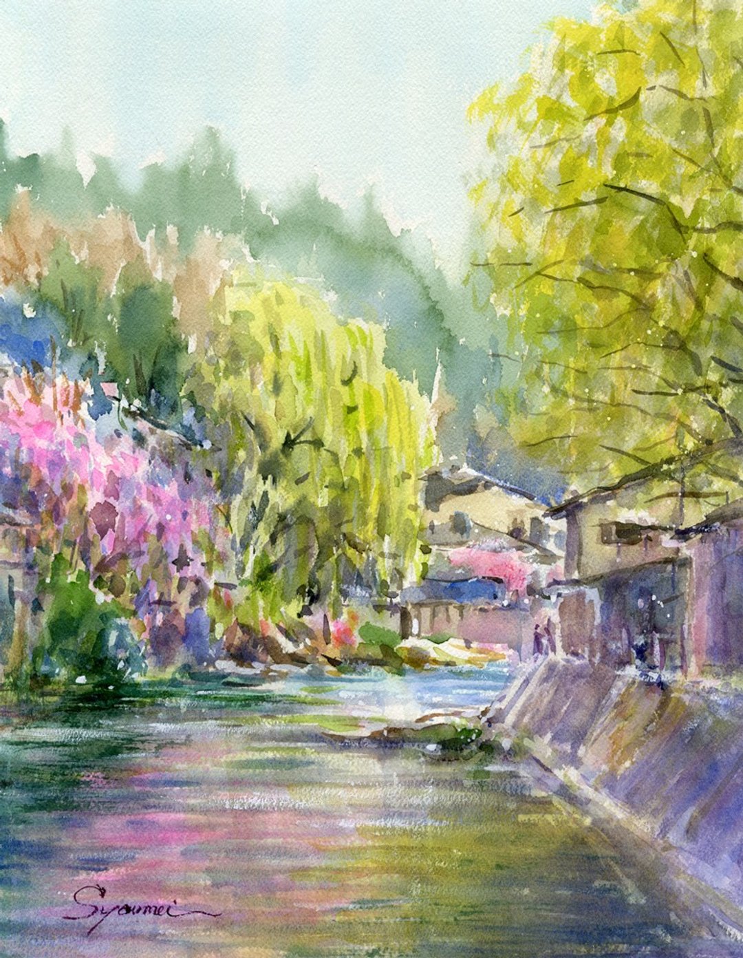 订制原创水彩画飞驒高山樱花 - 海报/装饰画/版画 - 纸 粉红色