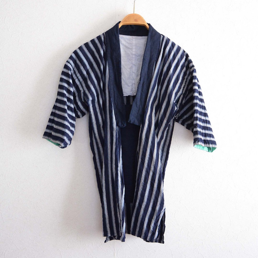 和服夹克农民工作服复古和服棉质条纹图案日本复古翻拍材料昭和 - 女装休闲/机能外套 - 棉 蓝色