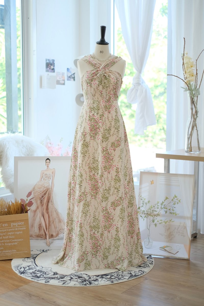 挂脖连身裙 花卉长洋装 派对洋装 新娘伴娘服 婚礼洋装 - 洋装/连衣裙 - 聚酯纤维 粉红色