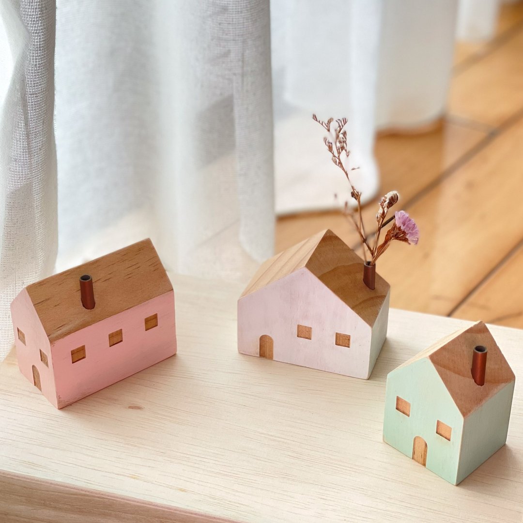 【Pastel Wood Cabin Vases 粉色小木屋花瓶组合】居家摆设|布置| - 花瓶/陶器 - 木头 多色