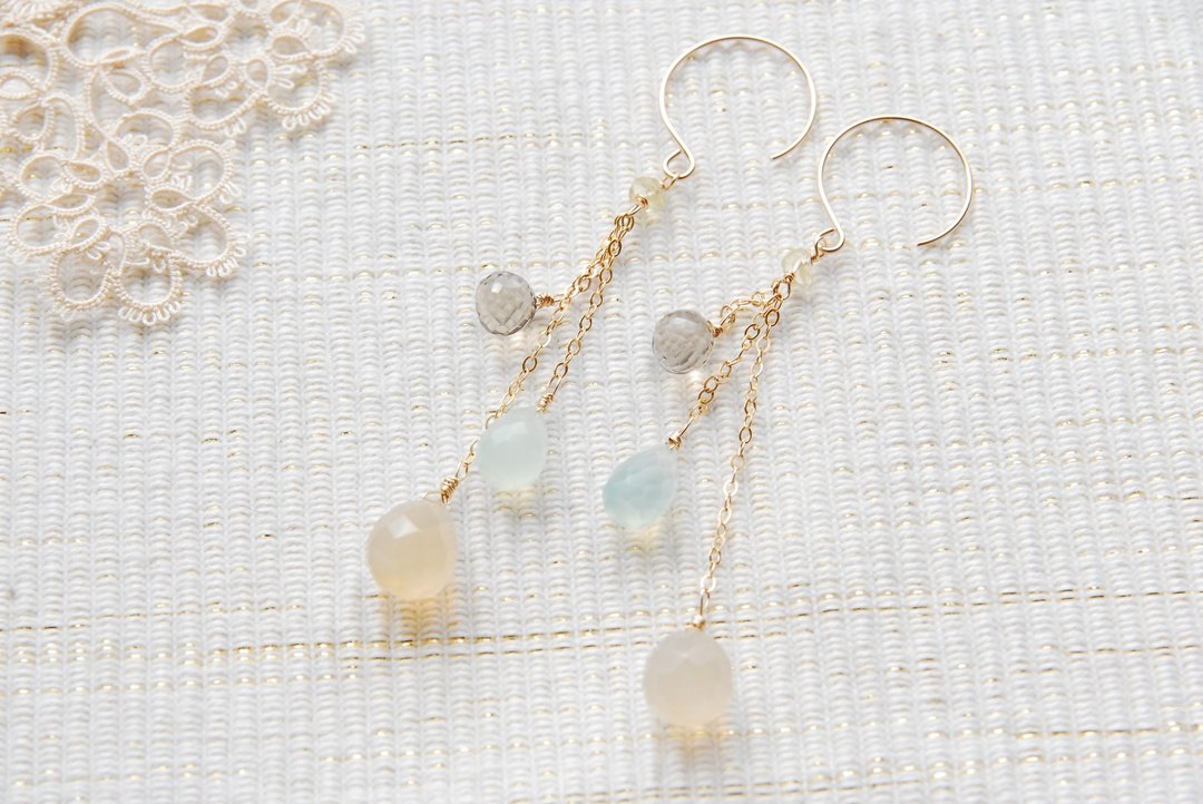 3 kinds of Stone chain earrings 14kgf agate - 耳环/耳夹 - 半宝石 多色
