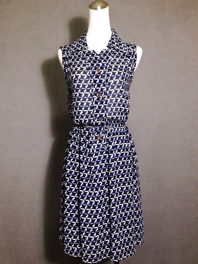 乒乓古着 [ 古着洋装/ 蓝白几何车线雪纺无袖古着洋装 ] 国外带回 VINTAGE - 洋装/连衣裙 - 聚酯纤维 蓝色